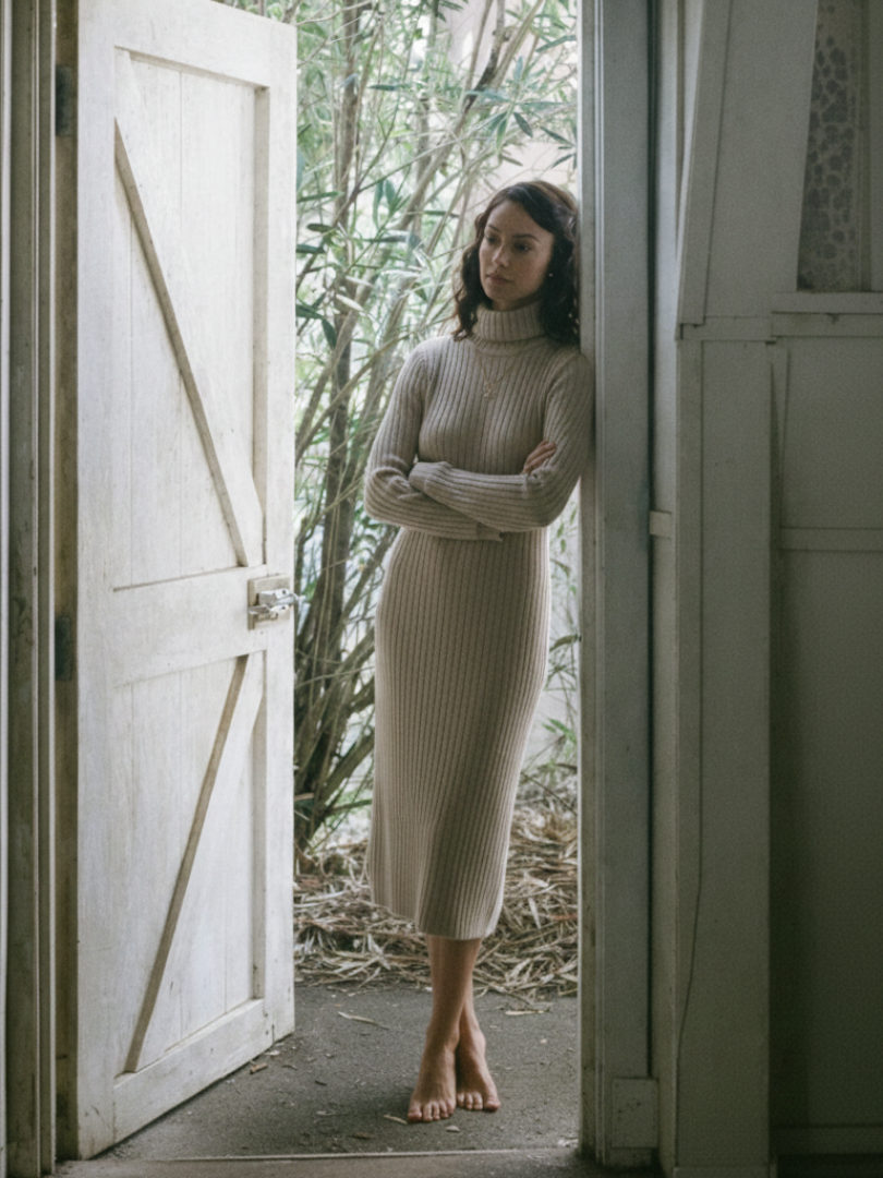 Robe pull en maille côtelée à col roulé et manches longues 5