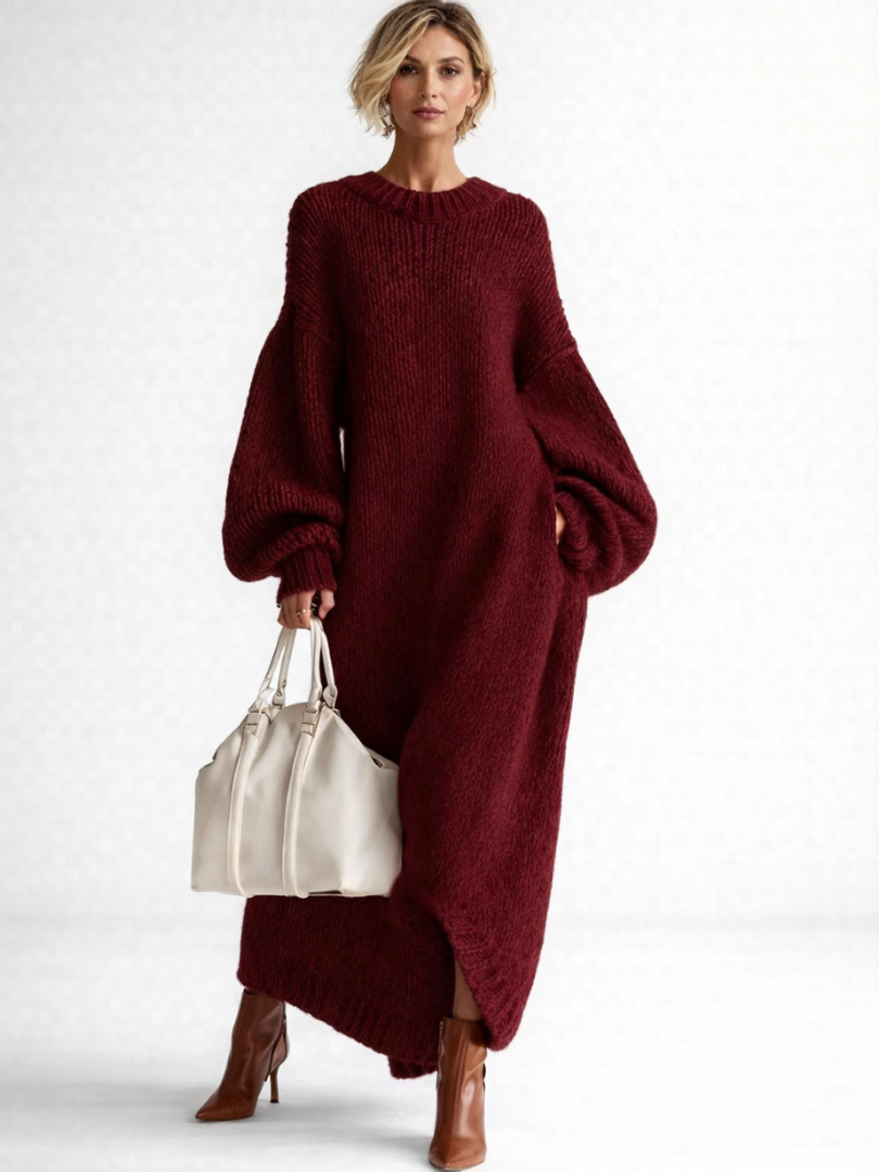 Robe pull en maille femme oversize à col rond et manches longues bouffantes, longueur maxi 2