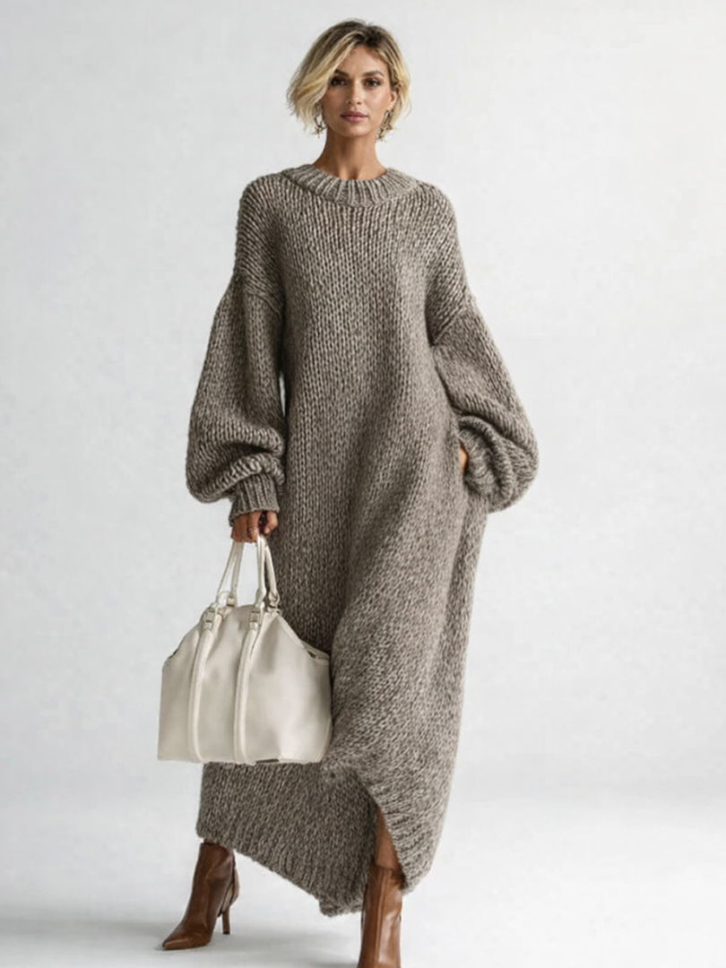 Robe pull en maille femme oversize à col rond et manches longues bouffantes, longueur maxi 3