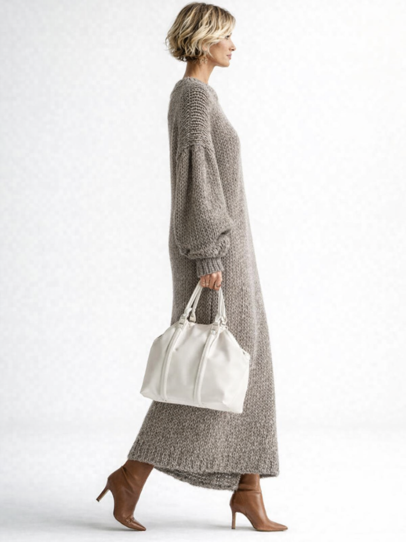 Robe pull en maille femme oversize à col rond et manches longues bouffantes, longueur maxi 5