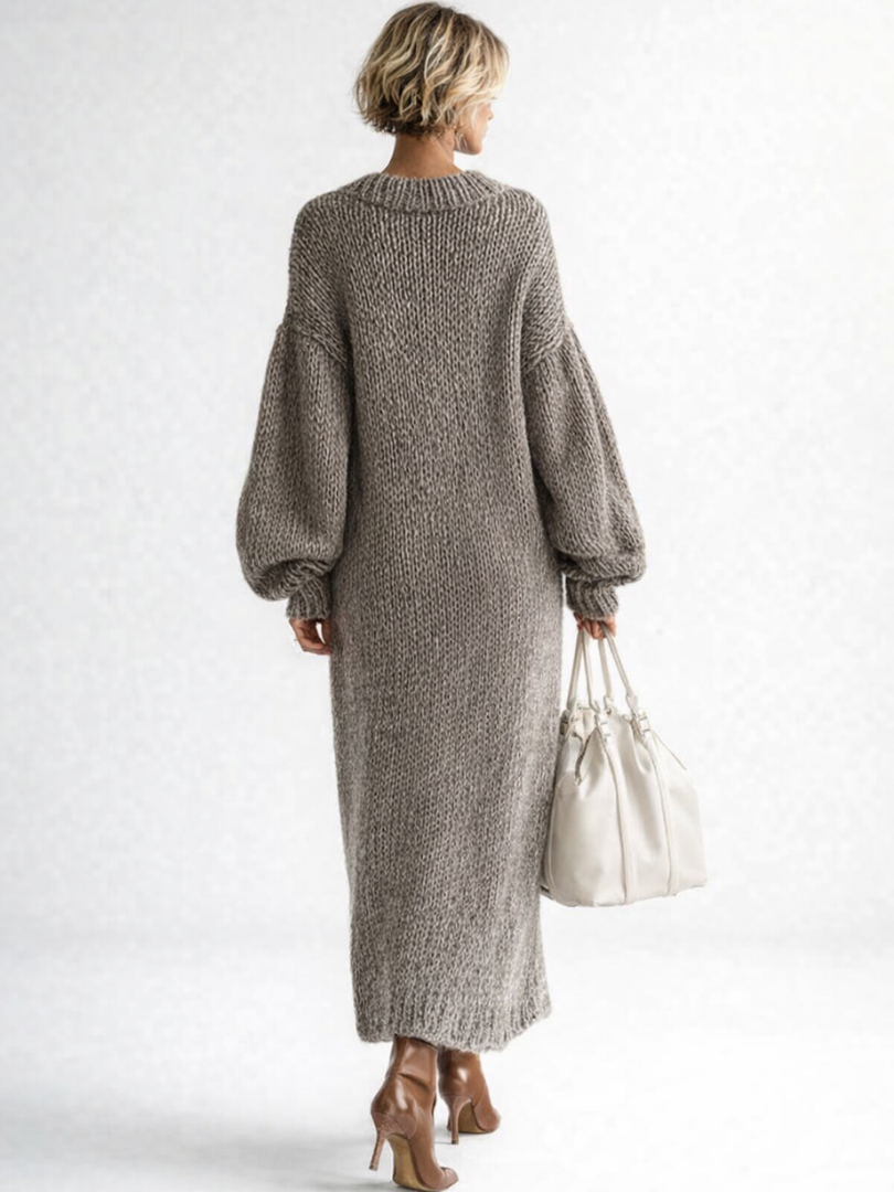 Robe pull en maille femme oversize à col rond et manches longues bouffantes, longueur maxi 6