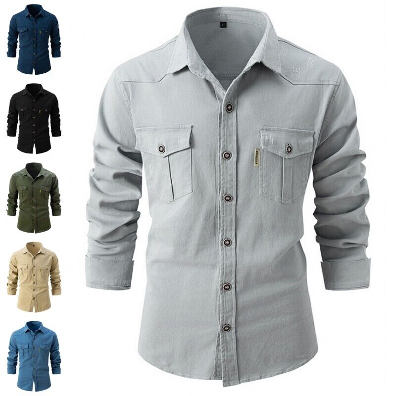Chemise à manches longues pour homme automne résistante fonctionnelle en coton avec poches poitrine Gaspard