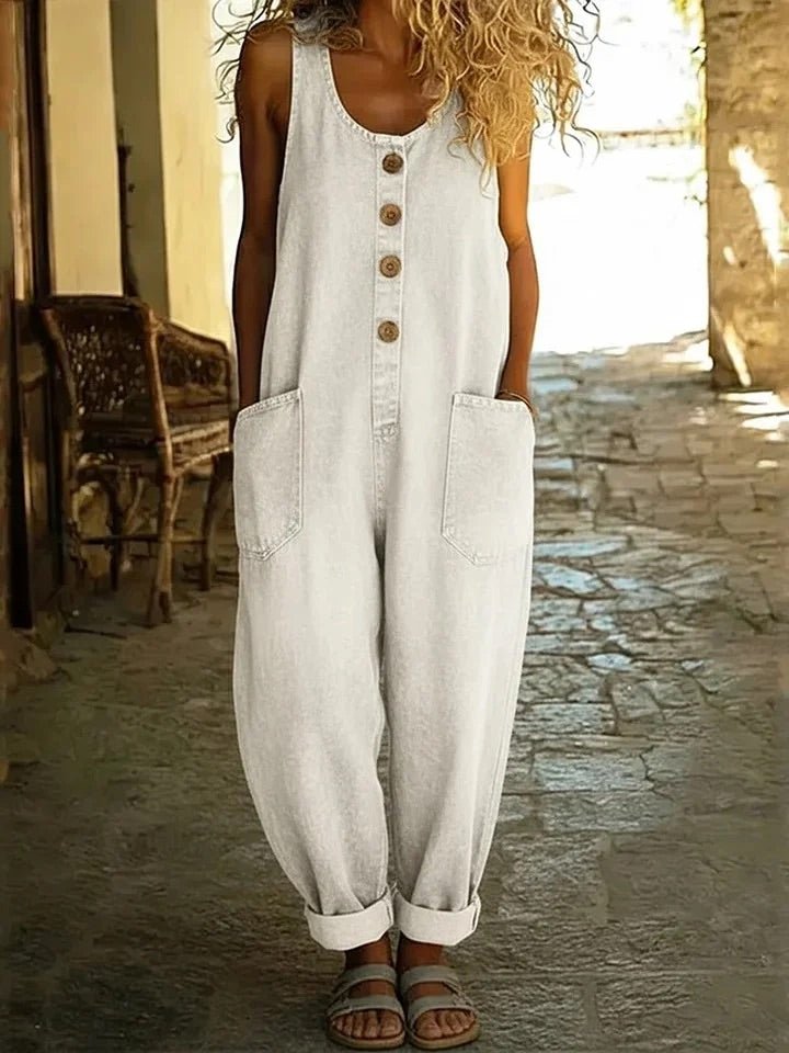 Salopette femme en coton et lin ample à grandes poches et boutons