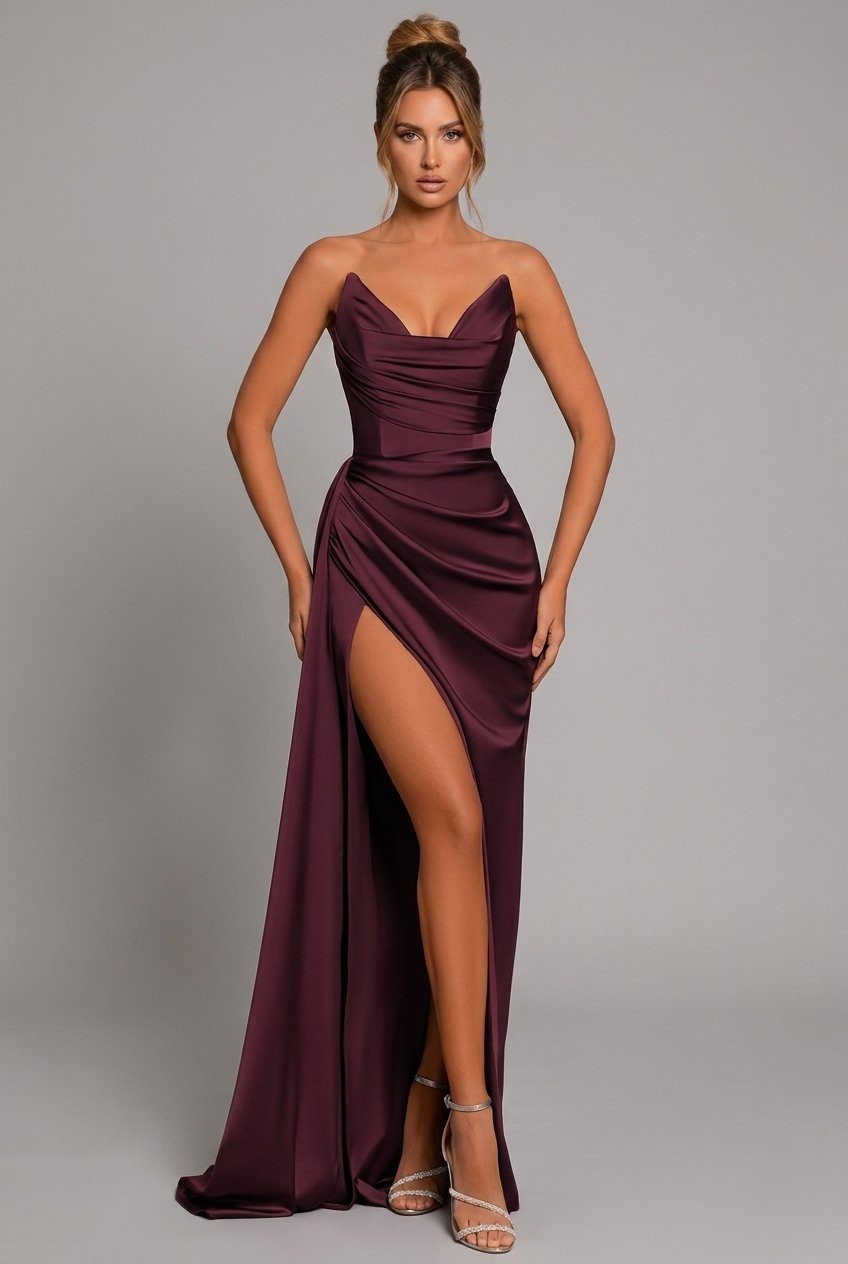 Robe de soirée longue en satin drapée à fente et décolleté cœur