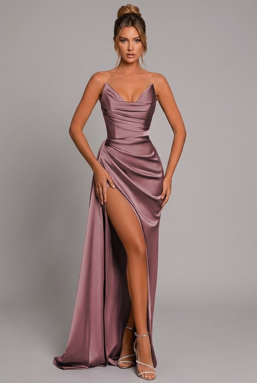 Robe de soirée longue en satin drapée à fente et décolleté cœur