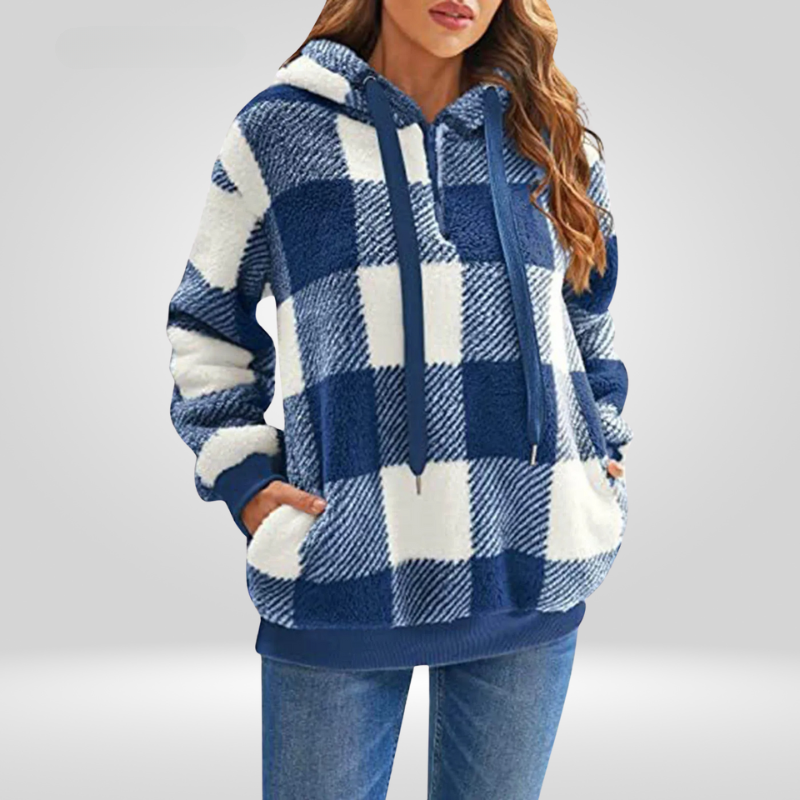 Sweat à capuche femme en polaire sherpa à carreaux et poche kangourou 1
