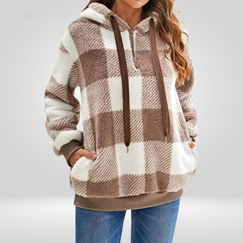 Sweat à capuche femme en polaire sherpa à carreaux et poche kangourou 2