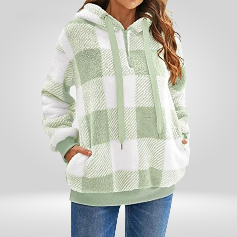 Sweat à capuche femme en polaire sherpa à carreaux et poche kangourou 4