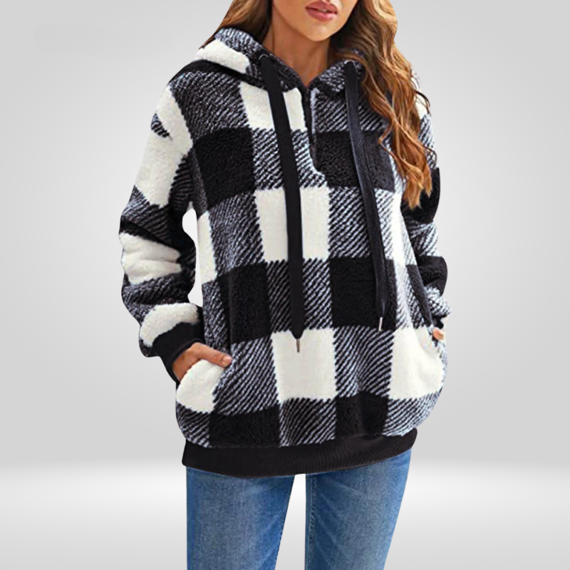 Sweat à capuche femme en polaire sherpa à carreaux et poche kangourou 7