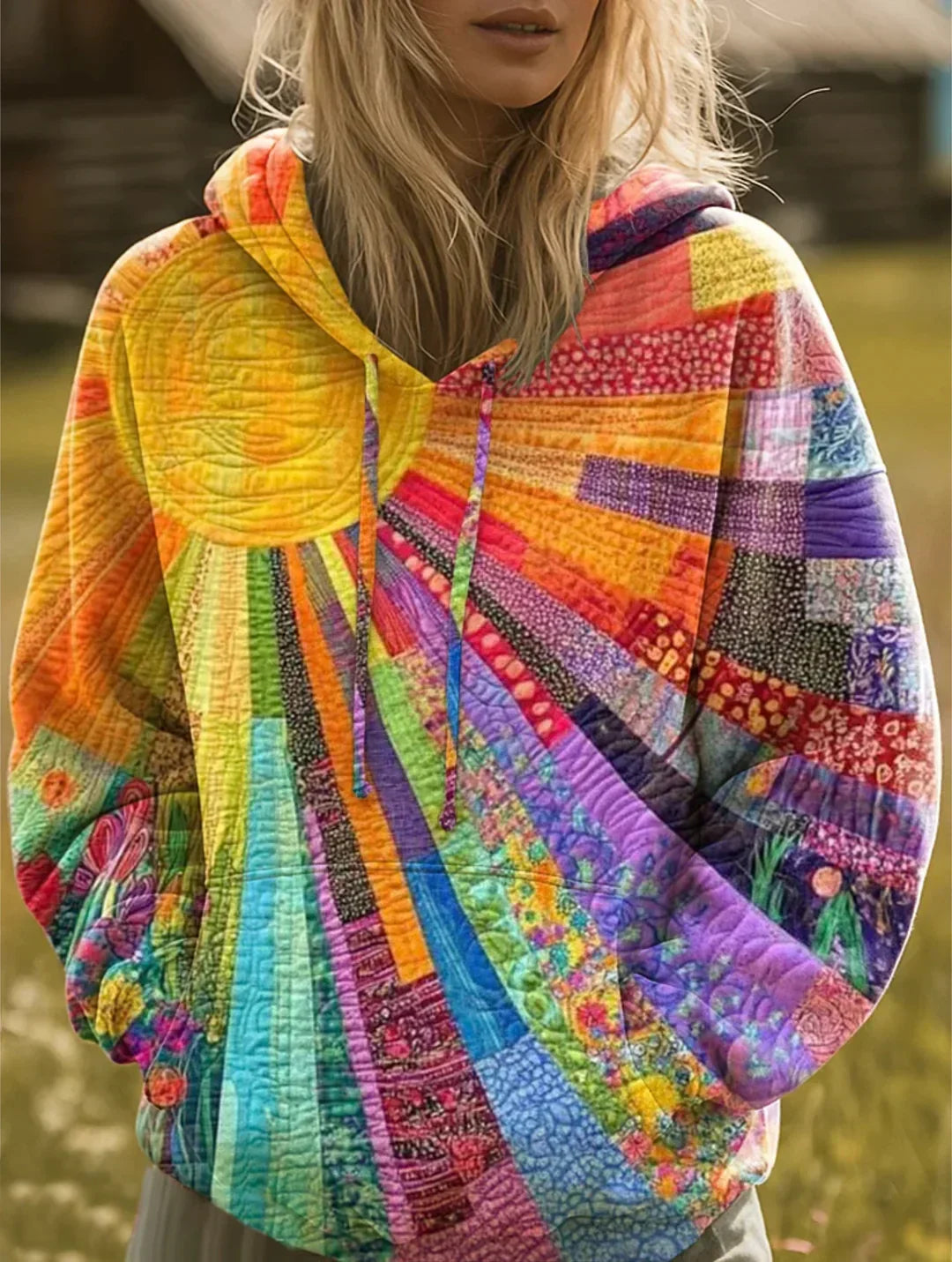 Sweat à capuche femme imprimé patchwork bohème à cordon de serrage 1