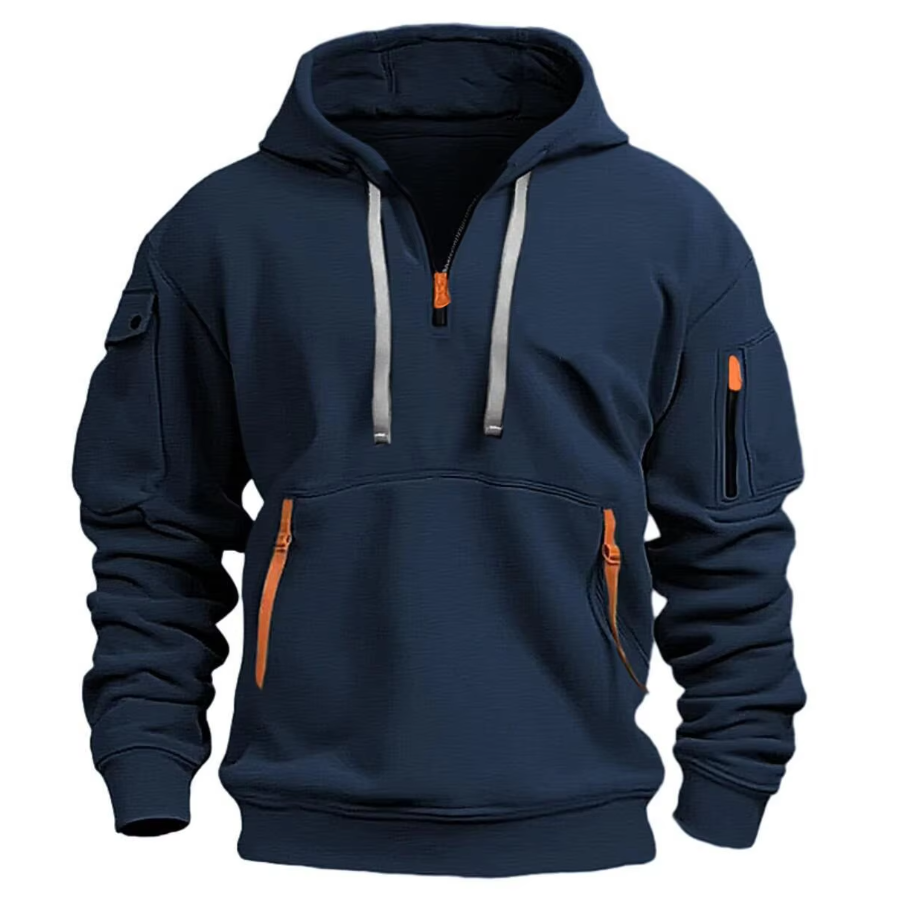 Sweat à capuche homme demi-zip à poches zippées et poche sur la manche 1
