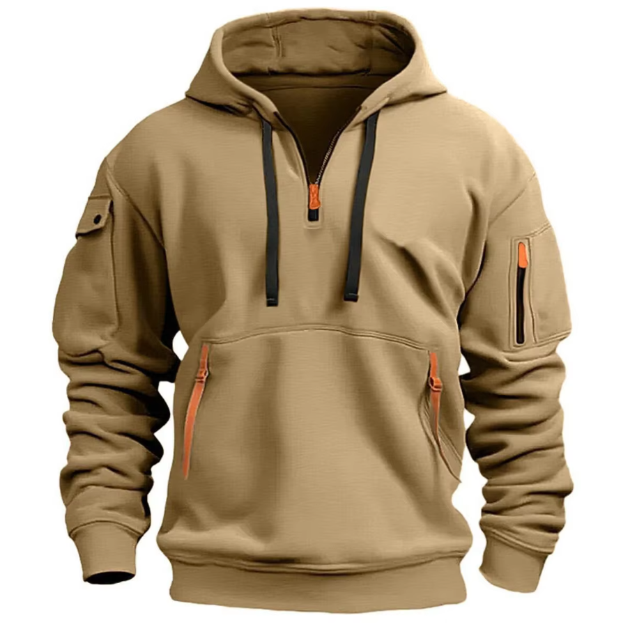 Sweat à capuche homme demi-zip à poches zippées et poche sur la manche 3