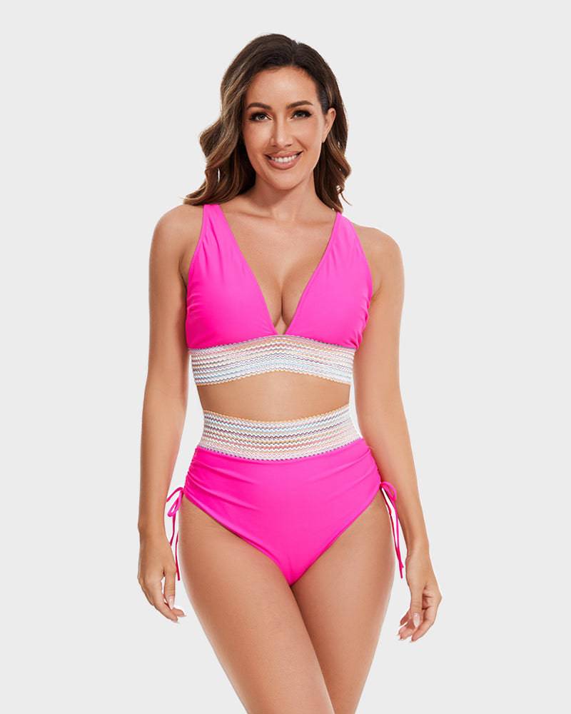 Bikini taille haute gainante à motif colorblock – maintien, confort et style tendance