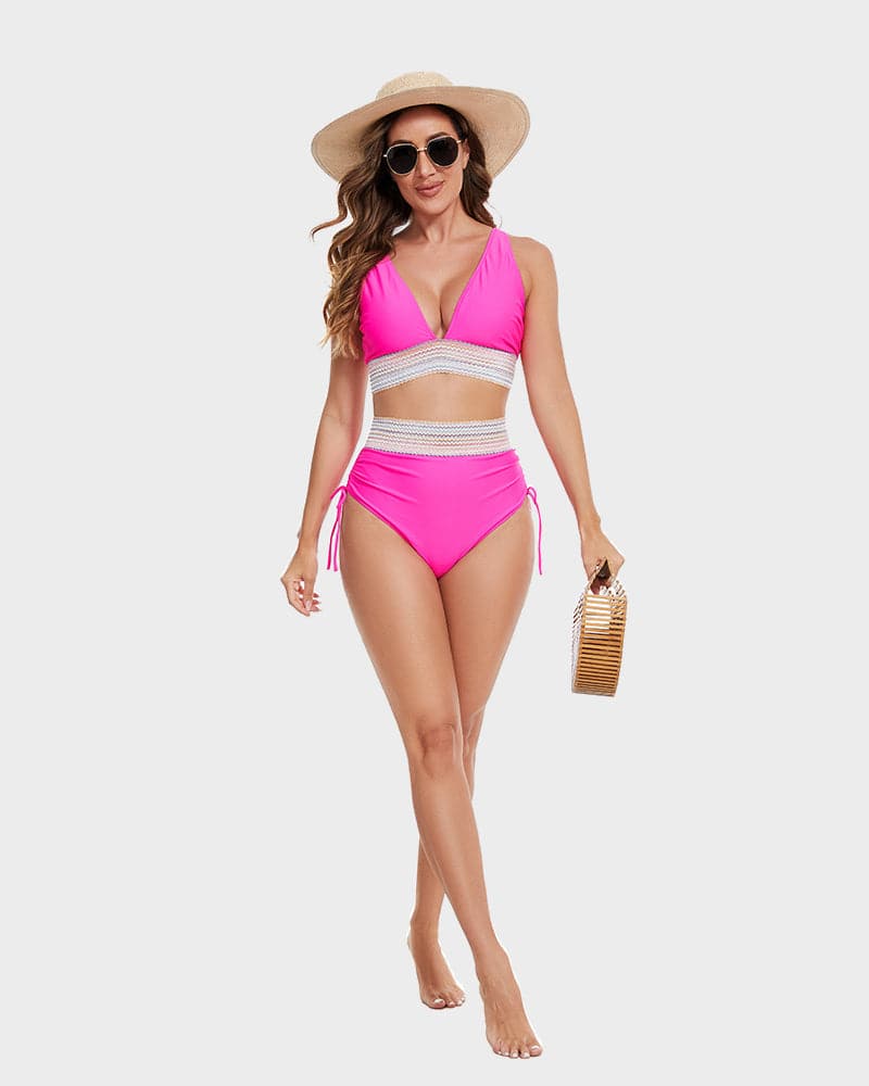 Bikini taille haute gainante à motif colorblock – maintien, confort et style tendance