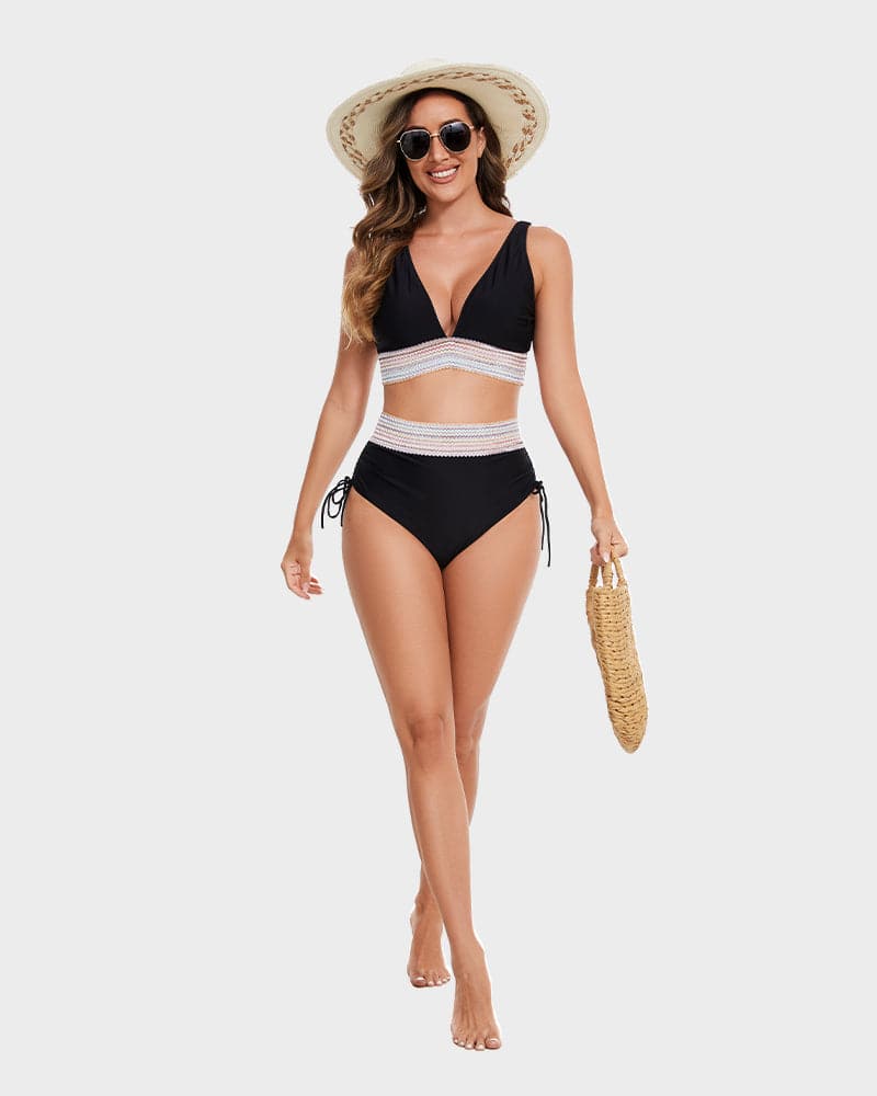 Bikini taille haute gainante à motif colorblock – maintien, confort et style tendance