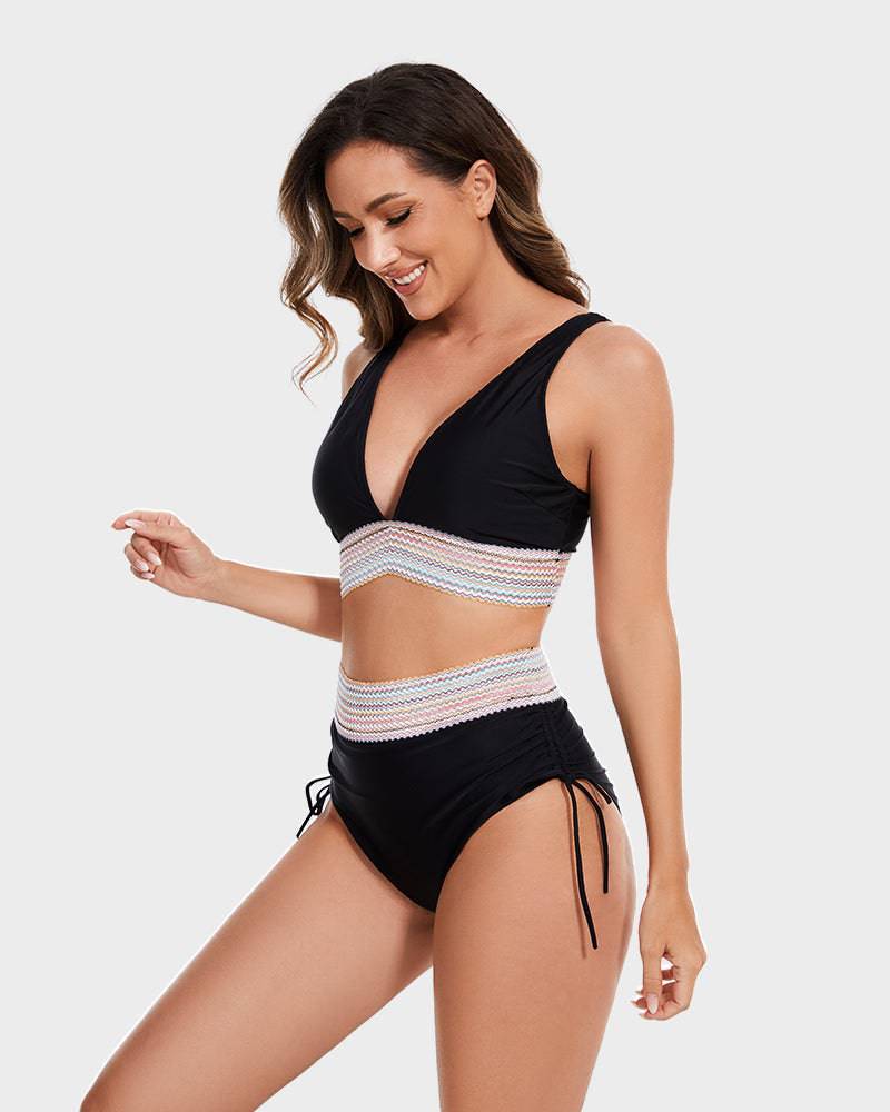 Bikini taille haute gainante à motif colorblock – maintien, confort et style tendance
