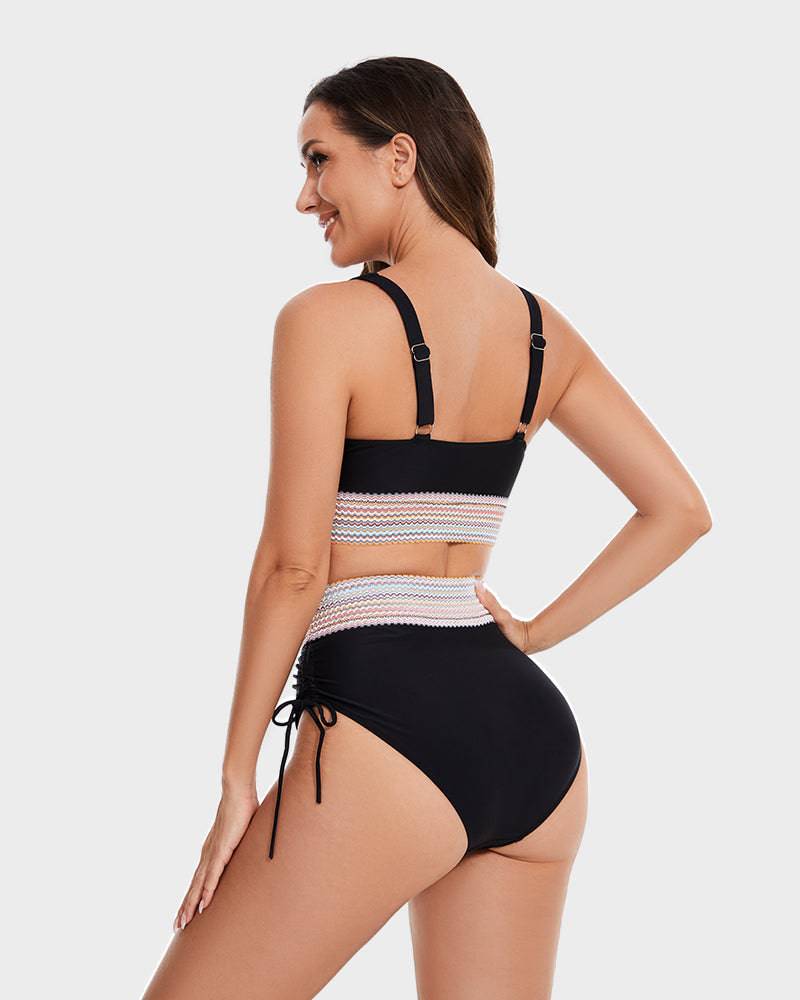 Bikini taille haute gainante à motif colorblock – maintien, confort et style tendance