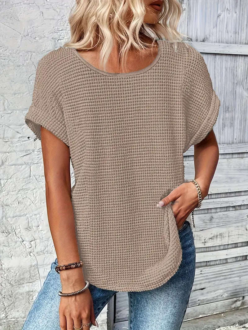 T-shirt femme en maille gaufrée à col rond manches courtes 3