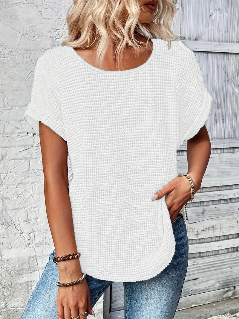 T-shirt femme en maille gaufrée à col rond manches courtes 7
