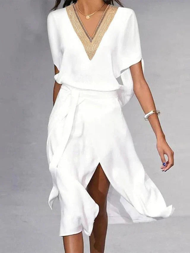 Robe midi blanche à col en V – Élégance intemporelle et confort minimaliste