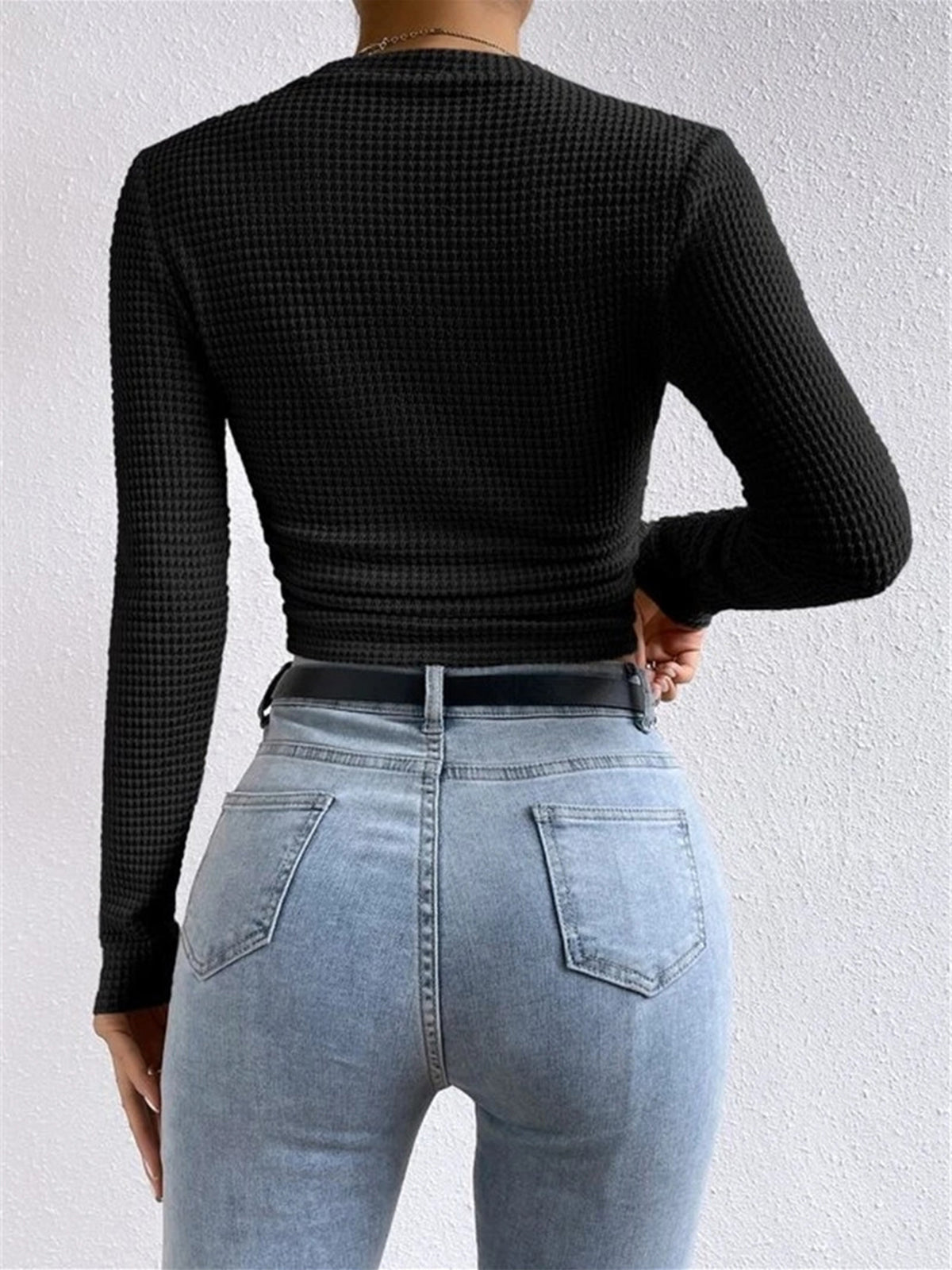 Top en maille gaufrée femme col rond cintré 11