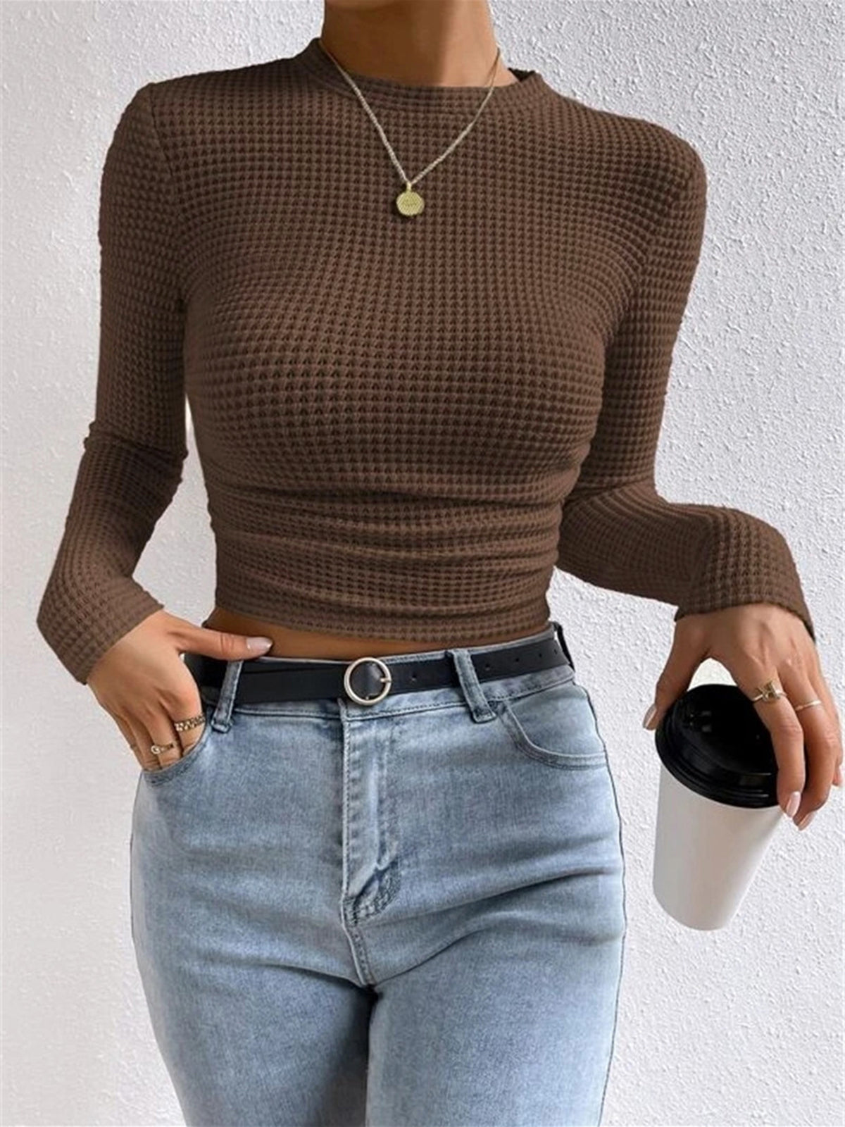 Top en maille gaufrée femme col rond cintré 14