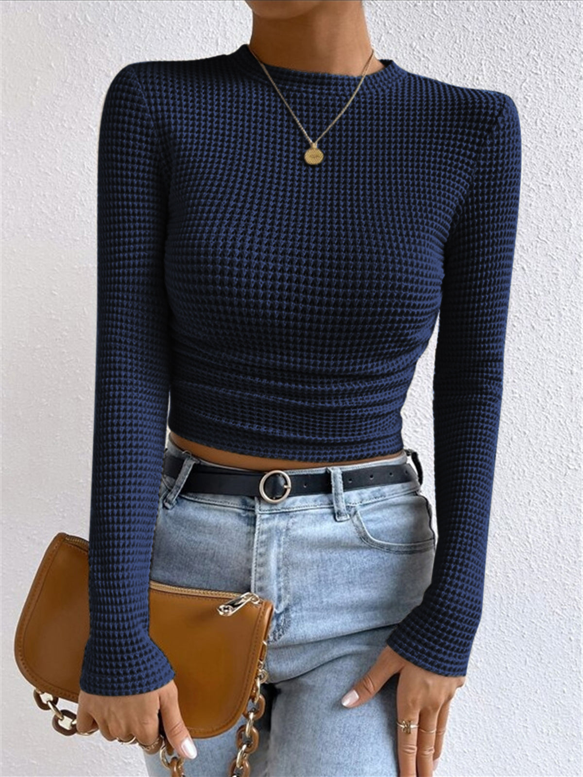 Top en maille gaufrée femme col rond cintré 4