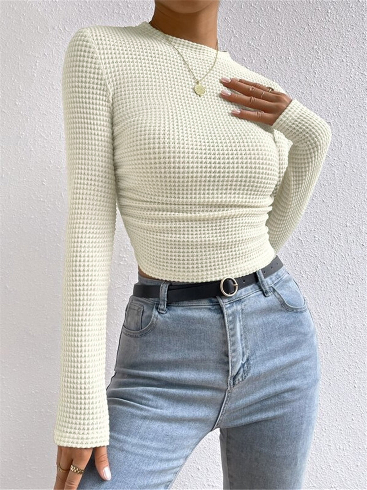 Top en maille gaufrée femme col rond cintré 5