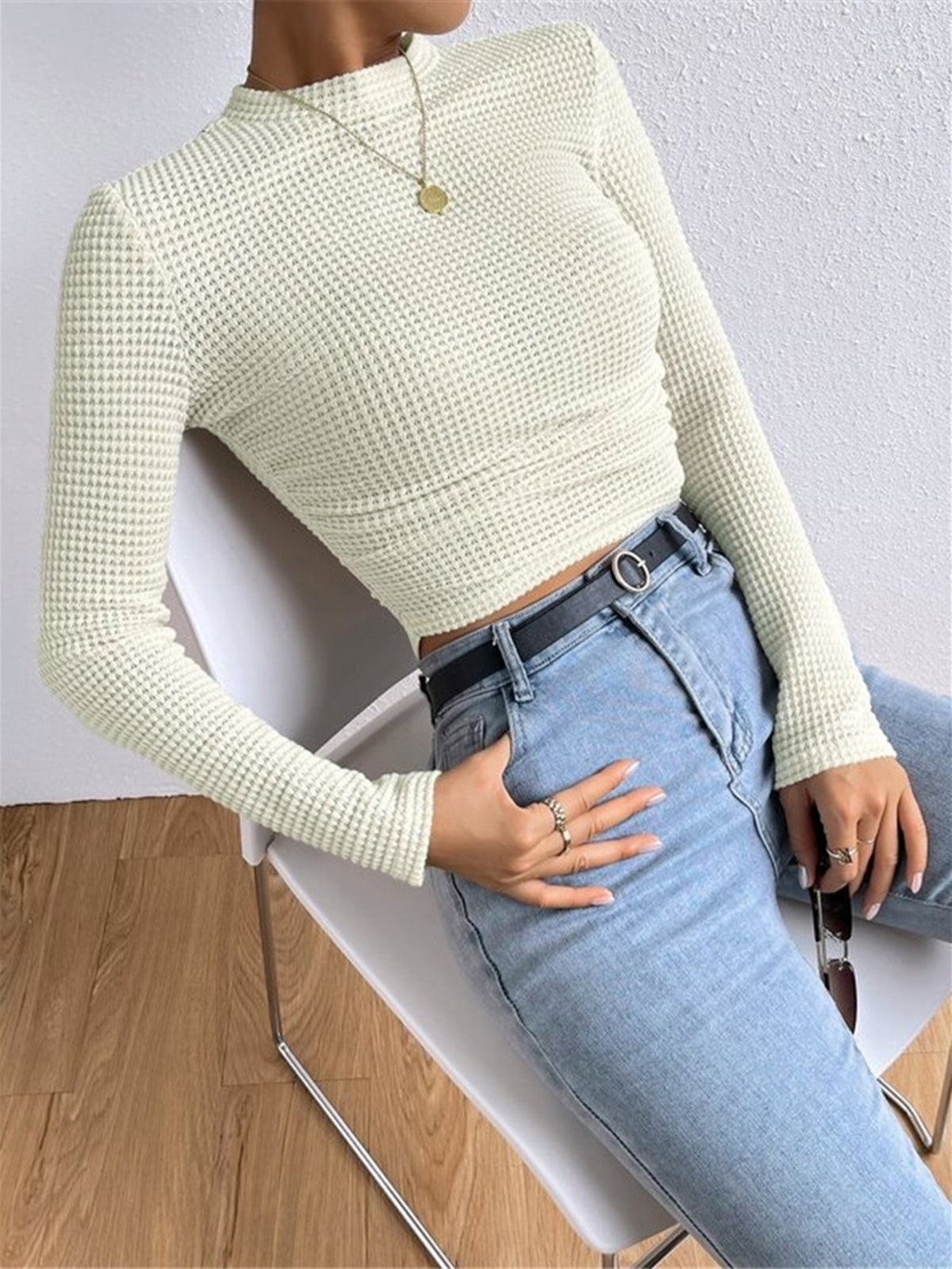 Top en maille gaufrée femme col rond cintré 6