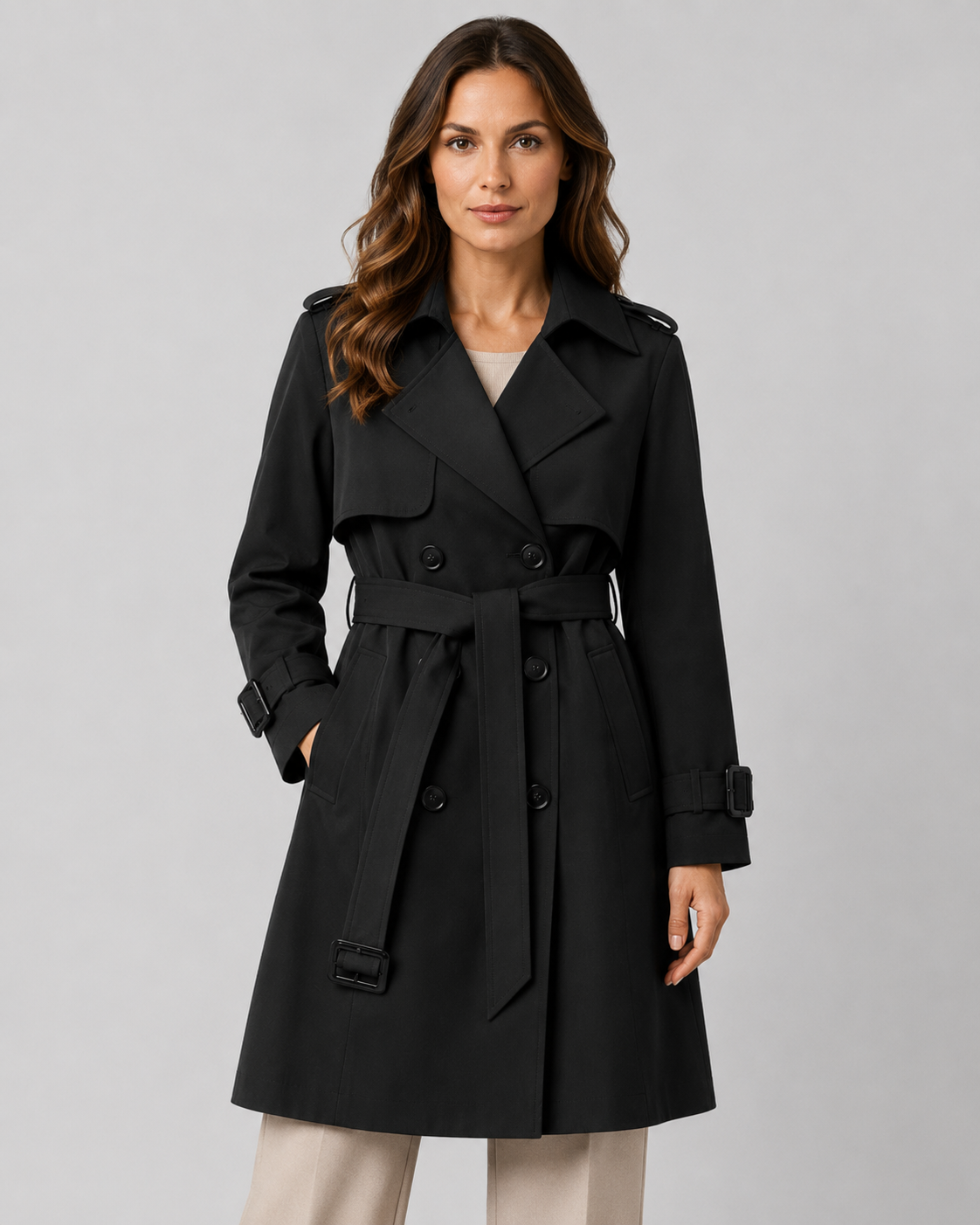 Trench-coat long femme ceinturé croisé en polyester 1