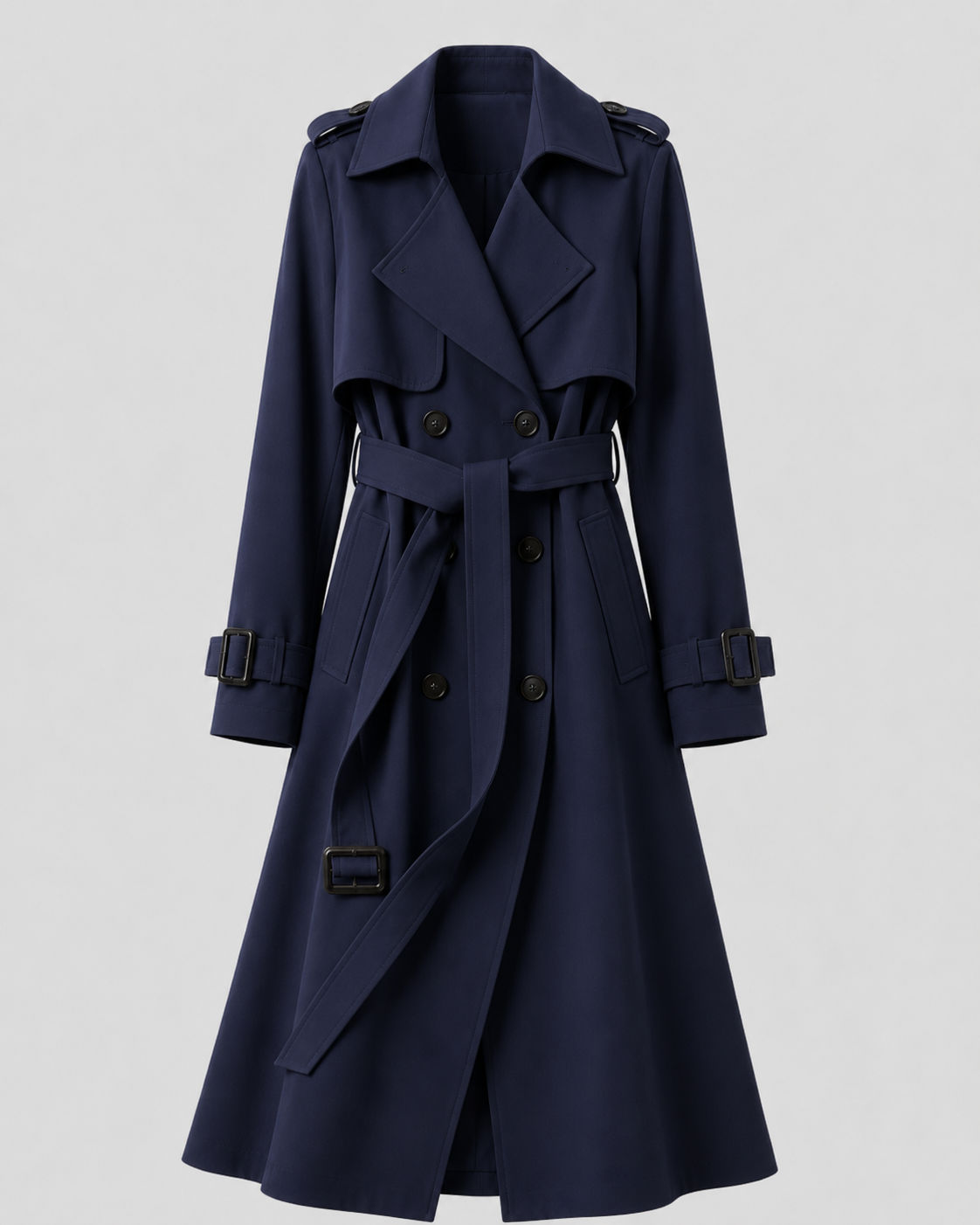 Trench-coat long femme ceinturé croisé en polyester 3