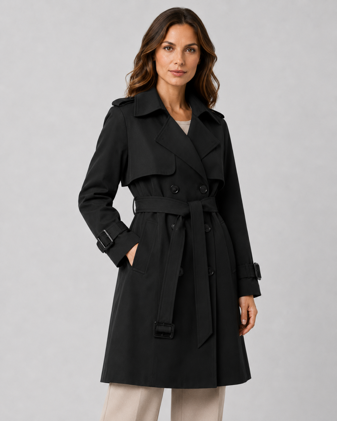 Trench-coat long femme ceinturé croisé en polyester 5