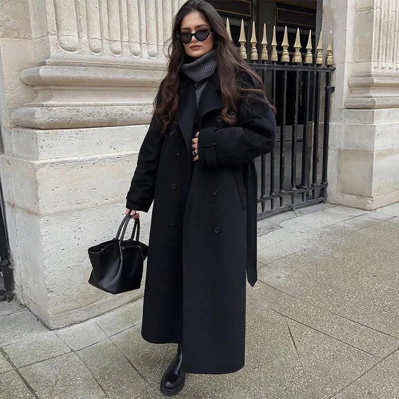 Trench femme long à ceinture, double boutonnage et col à revers 2