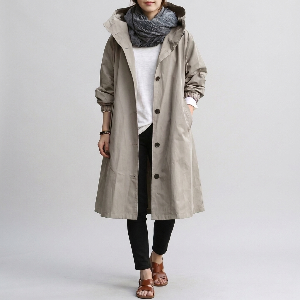 Trench femme oversize à capuche, déperlant et poignets élastiques 1