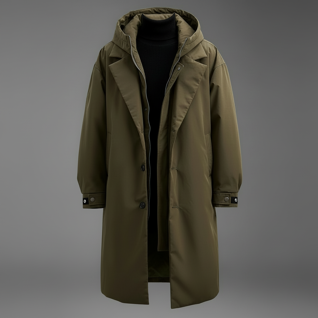 Trench long à capuche homme déperlant matelassé col cranté 1