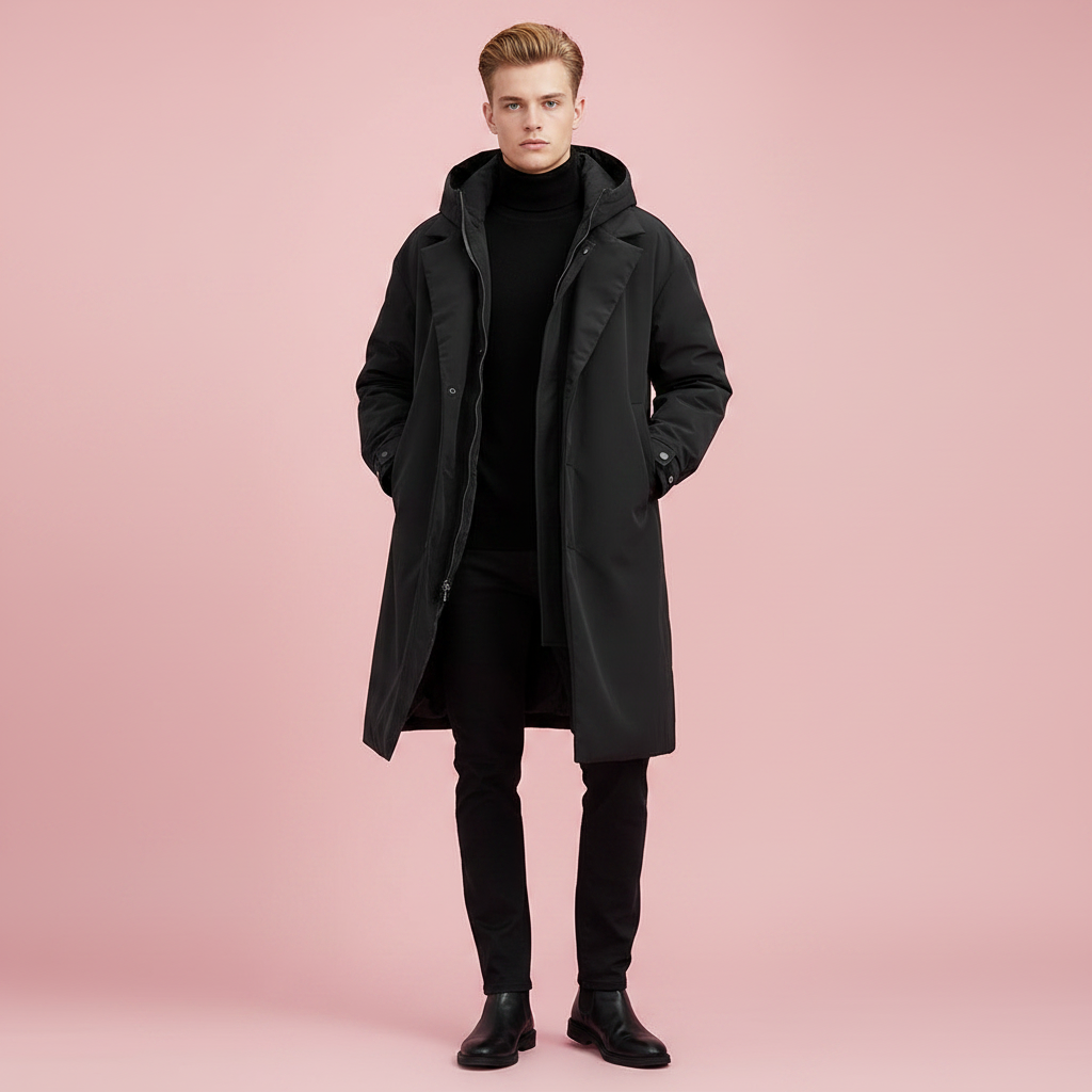 Trench long à capuche homme déperlant matelassé col cranté 3