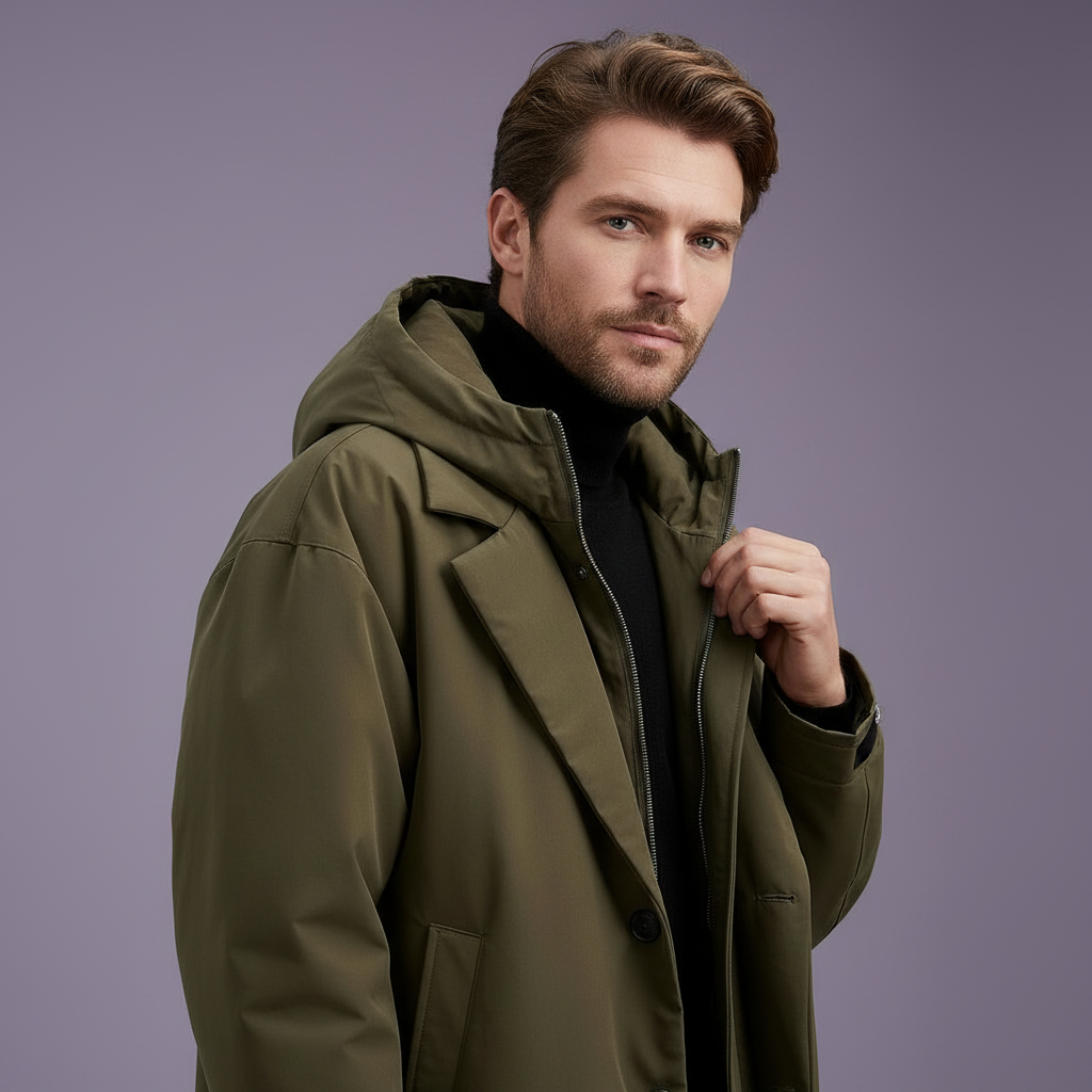 Trench long à capuche homme déperlant matelassé col cranté 5