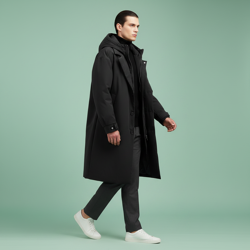 Trench long à capuche homme déperlant matelassé col cranté 7