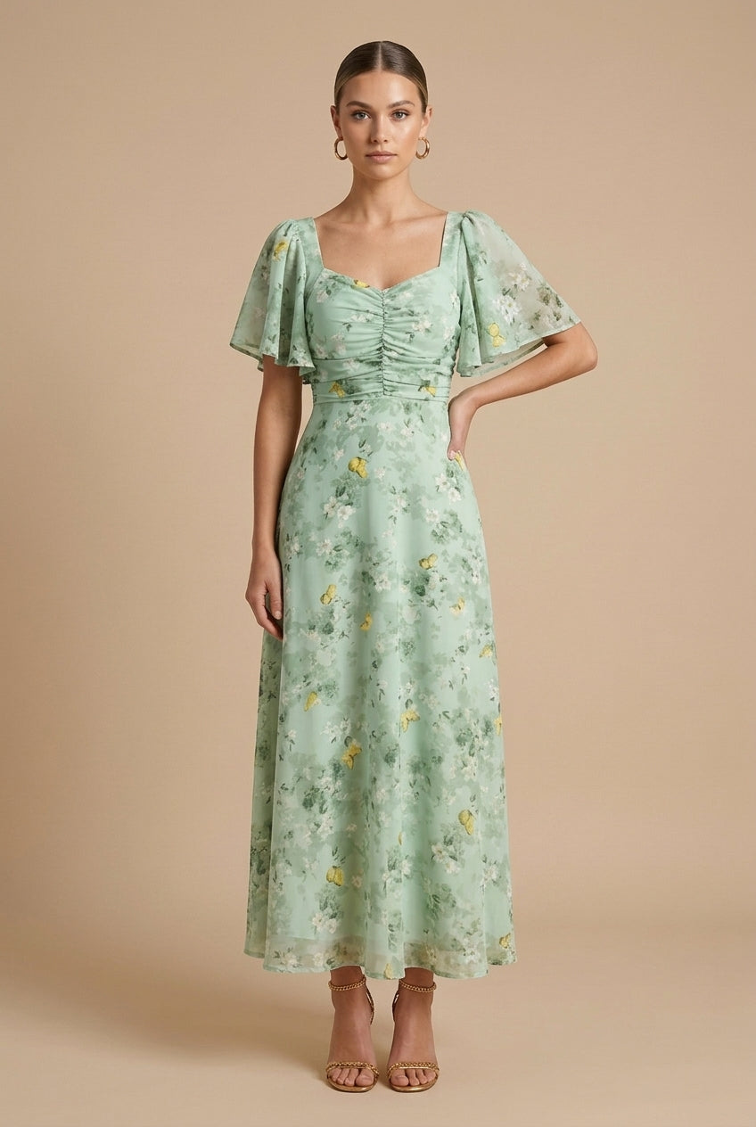 Blanche – Robe maxi à imprimé floral, col carré et manches papillon femme