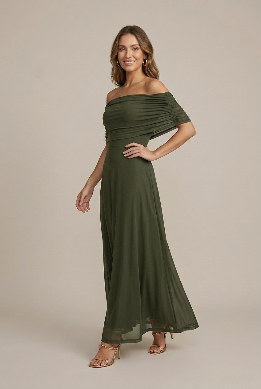 Eugénie – Robe maxi en mesh à épaules dénudées et volants femme