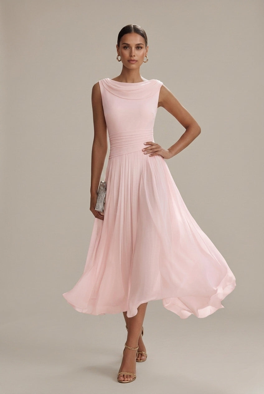 Océane – Robe midi sans manches à col drapé plissé femme