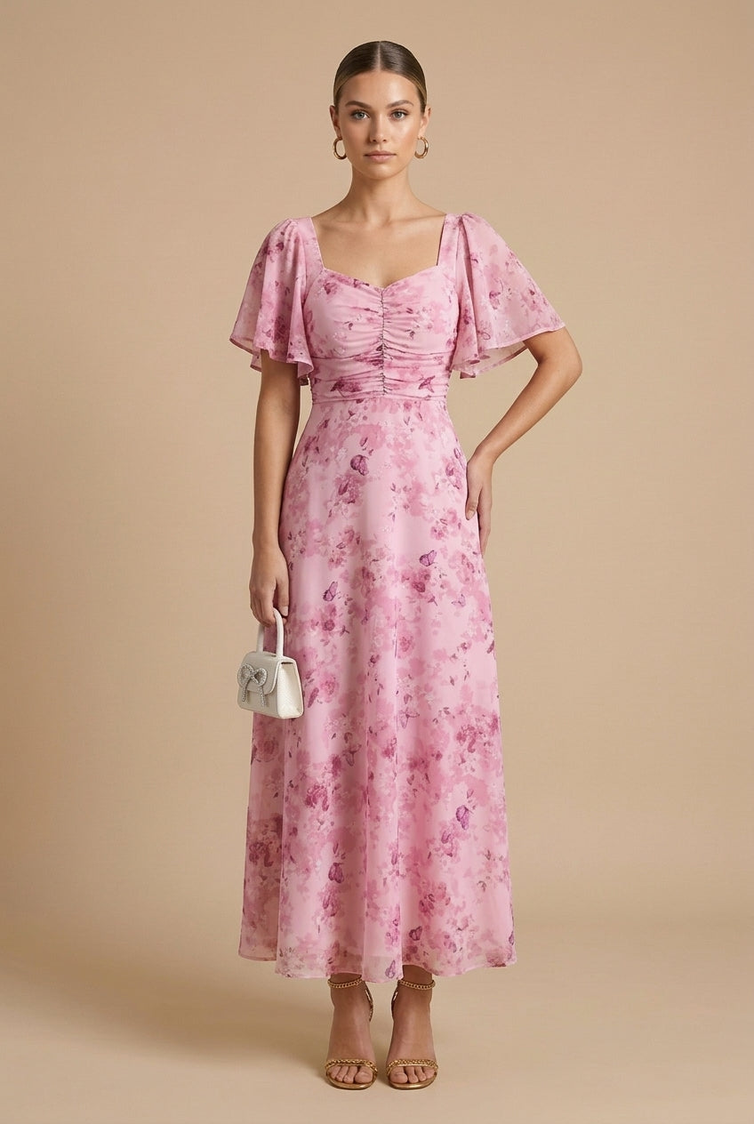 Blanche – Robe maxi à imprimé floral, col carré et manches papillon femme