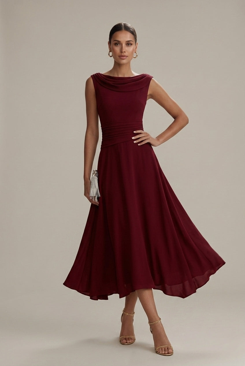 Océane – Robe midi sans manches à col drapé plissé femme