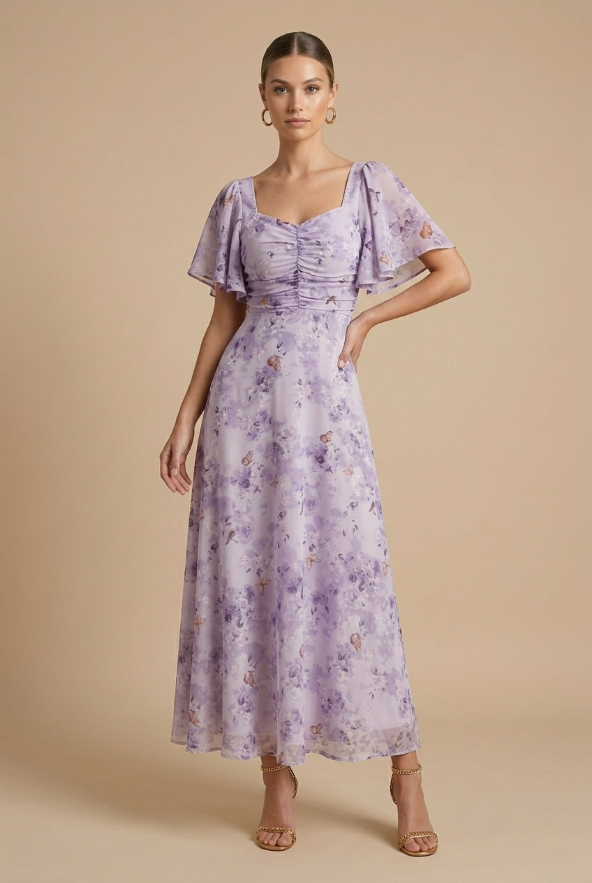 Blanche – Robe maxi à imprimé floral, col carré et manches papillon femme
