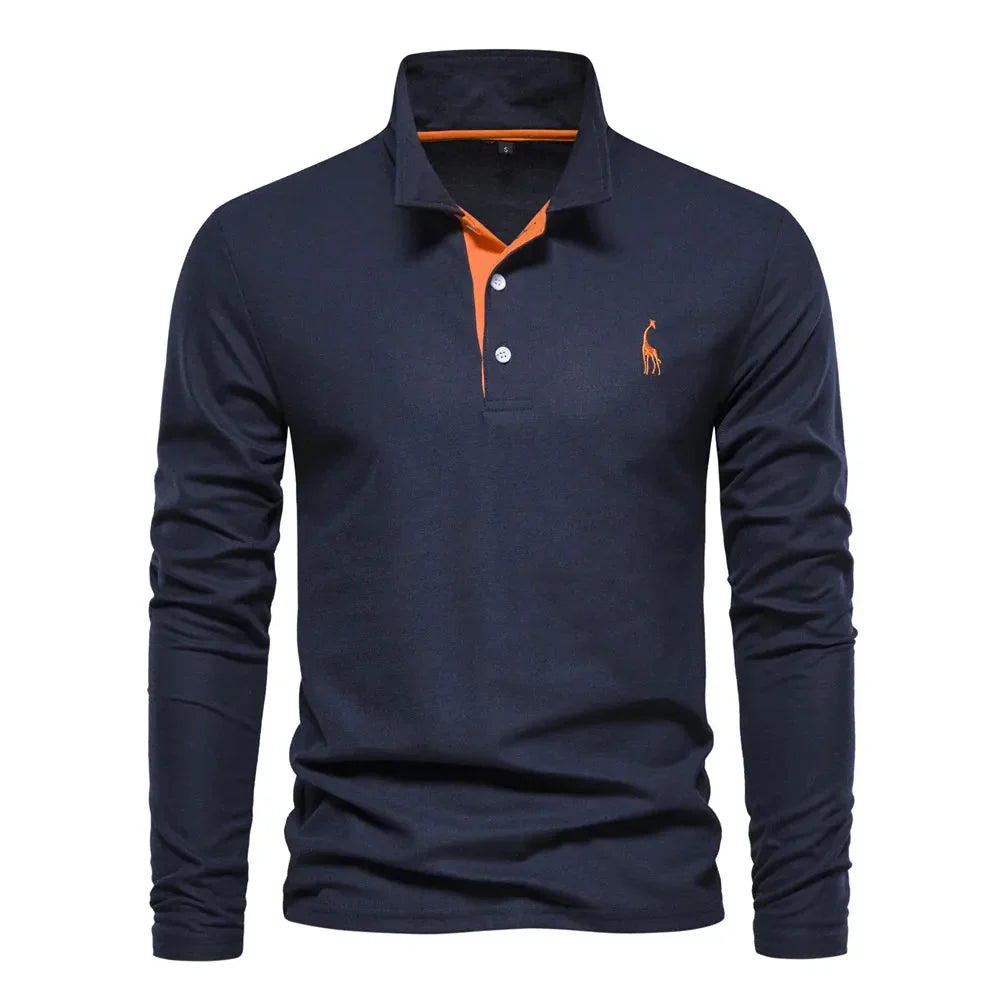 Polo à manches longues pour homme automne respirant en coton avec coupe classique Mathieu