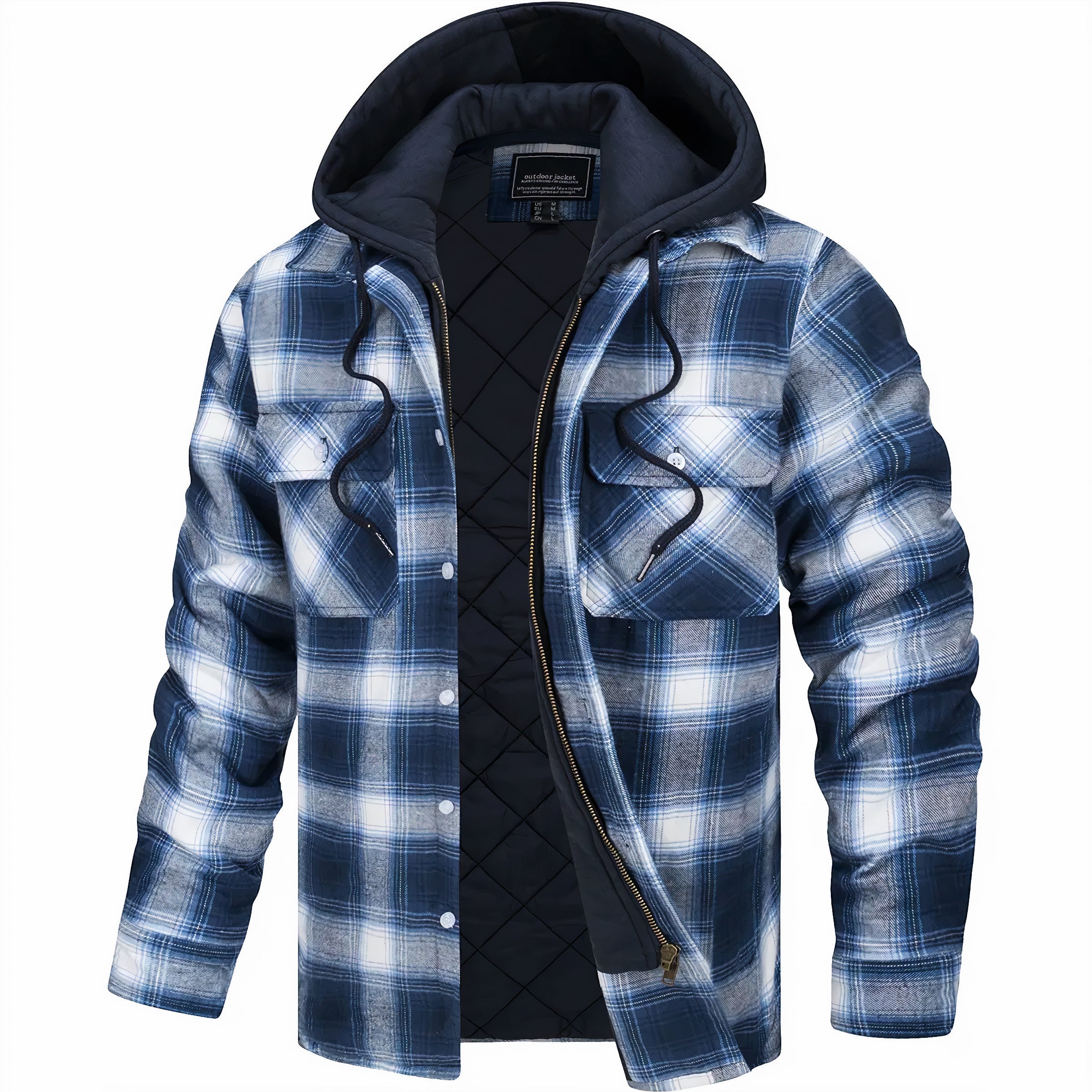 Surchemise doublée pour homme automne chaude à carreaux en coton avec capuche zippée Loïc