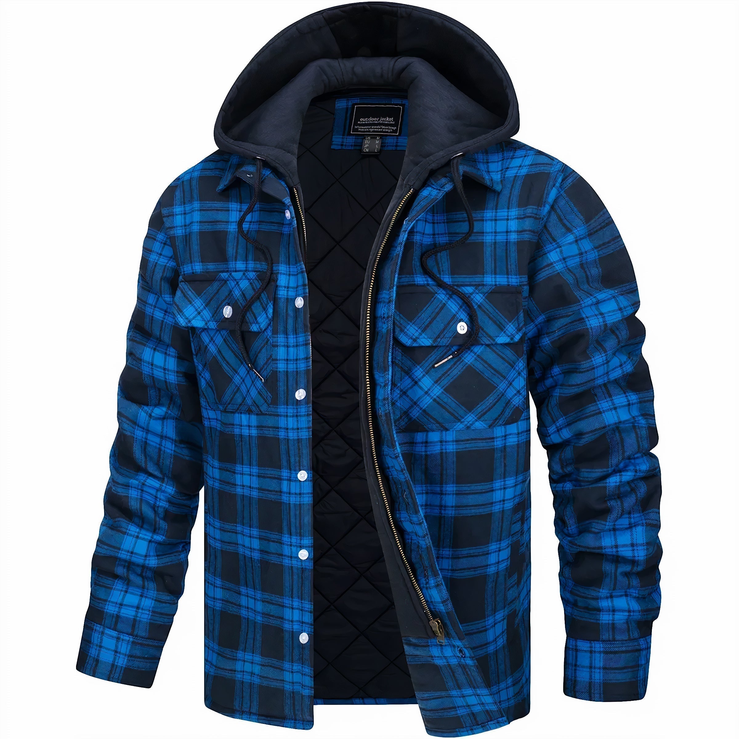 Surchemise doublée pour homme automne chaude à carreaux en coton avec capuche zippée Loïc