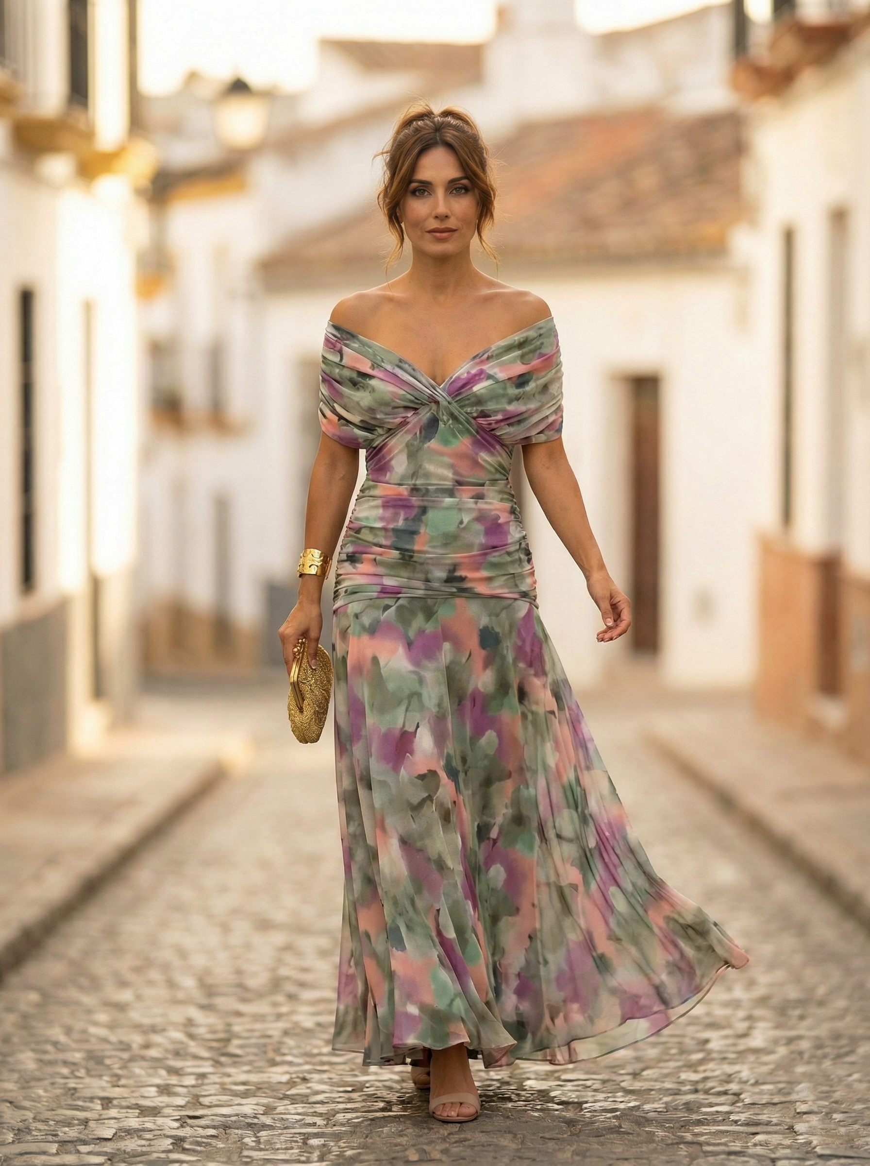 Sidonie – Robe longue d'été froncée à col en V élégant femme
