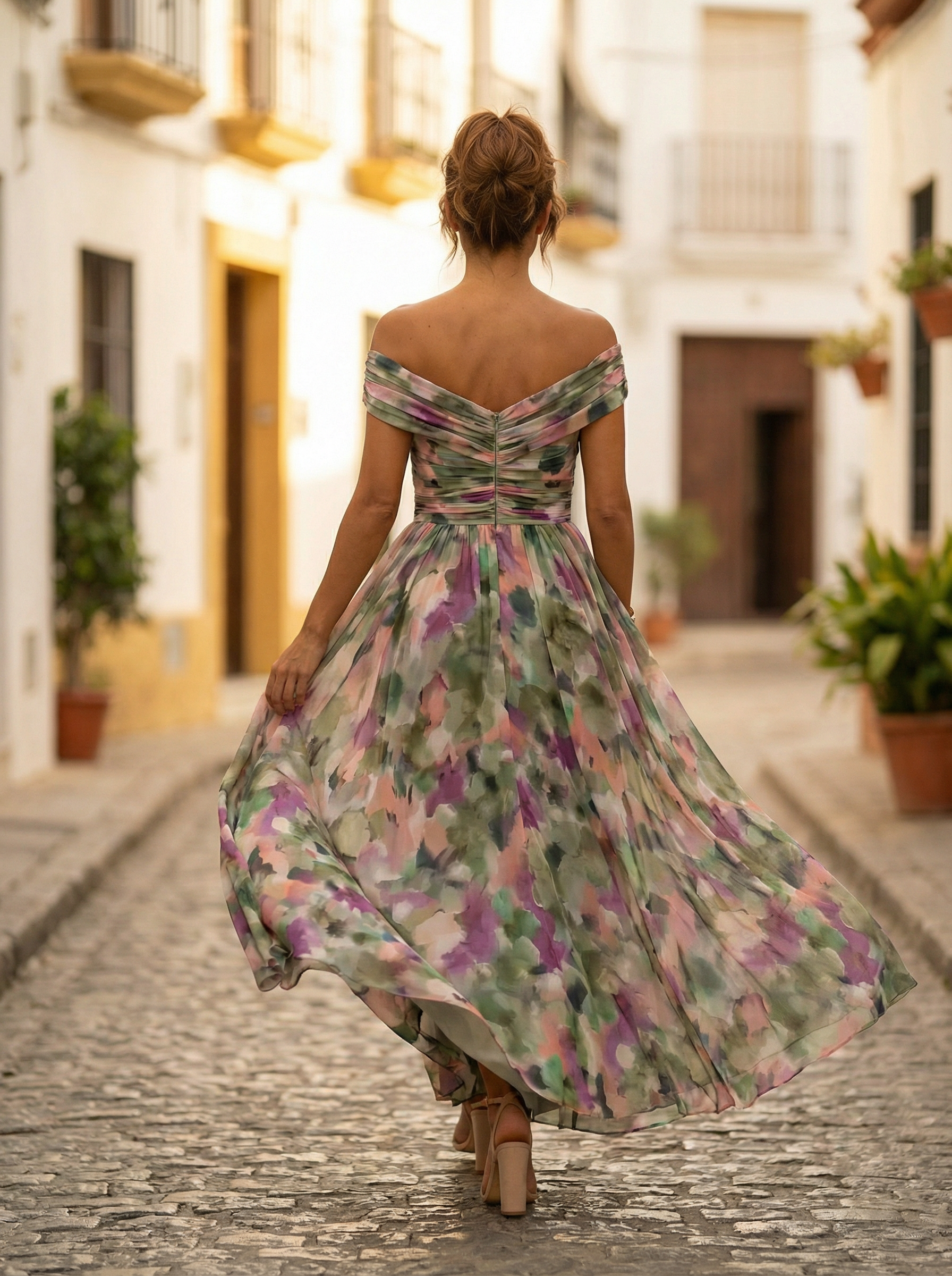Sidonie – Robe longue d'été froncée à col en V élégant femme