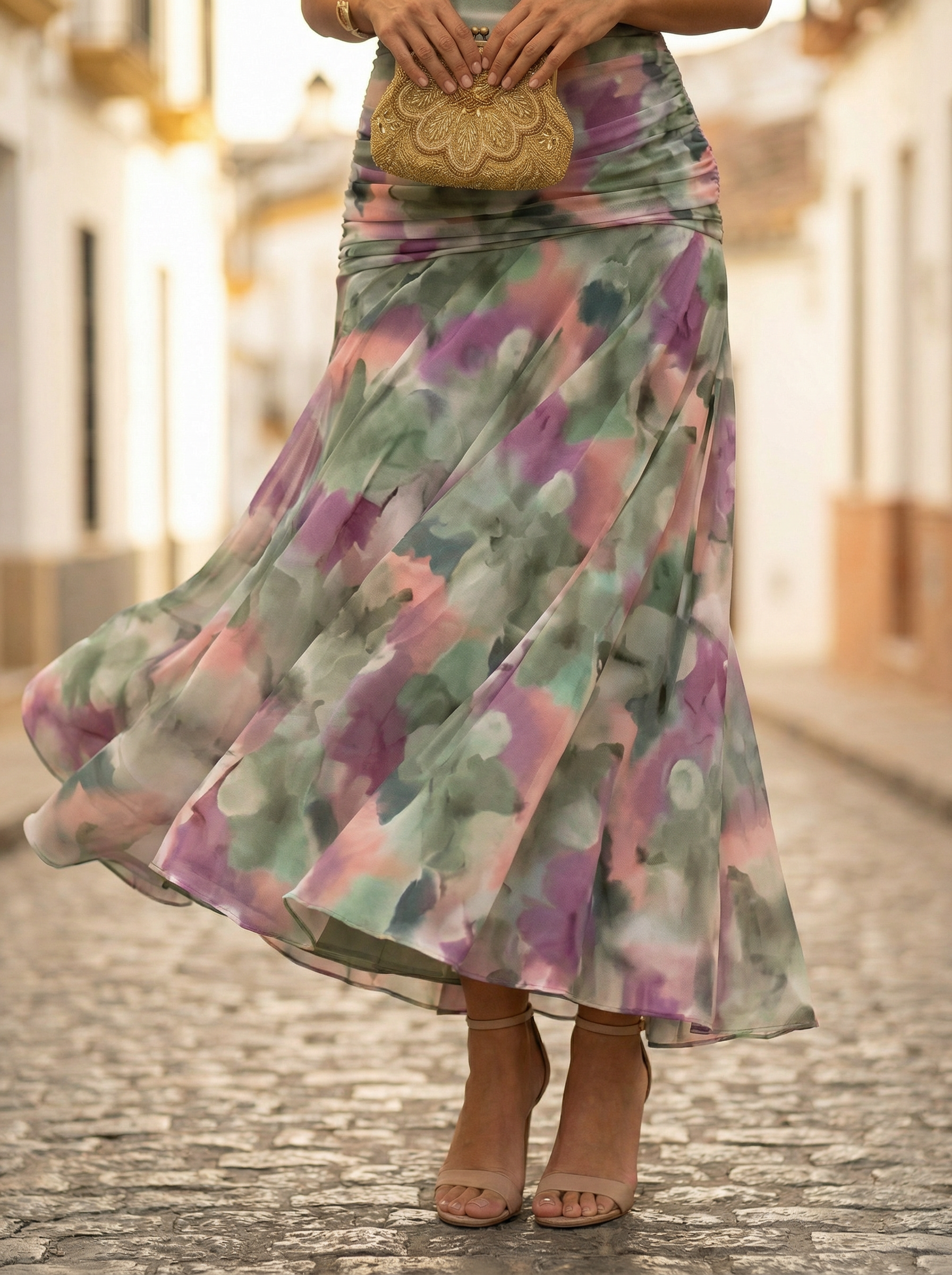 Sidonie – Robe longue d'été froncée à col en V élégant femme